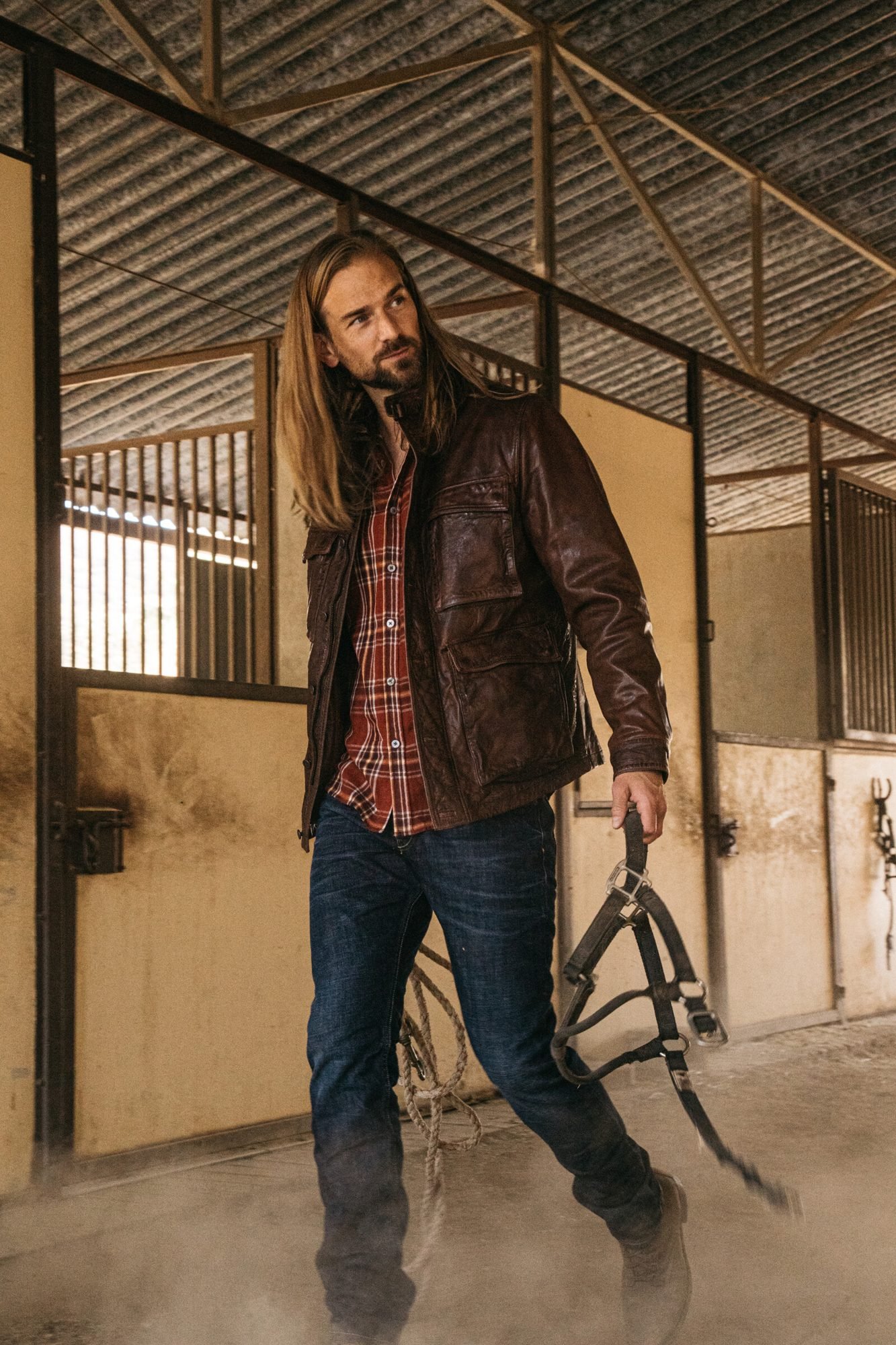 Menswear shoot in a dusty barn aisle, Shadow Hills Ranch